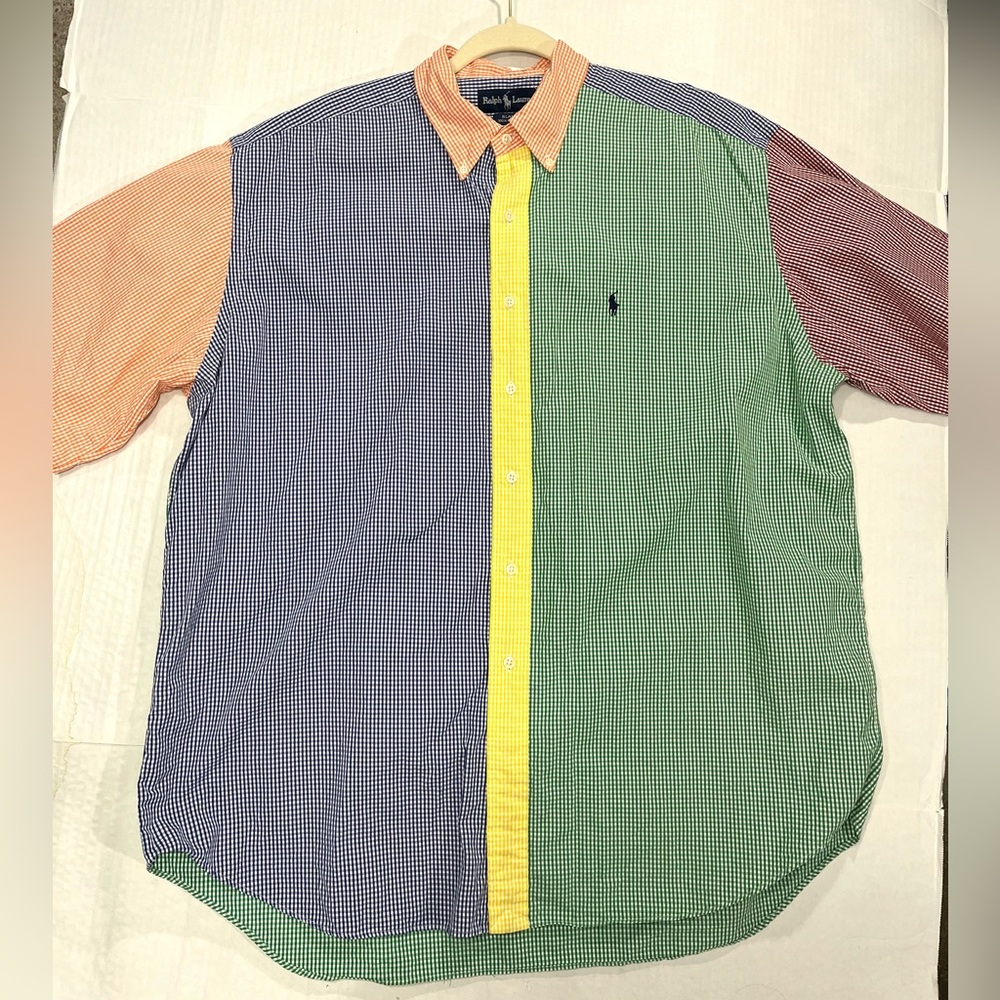 RALPH LAUREN MENS GINGHAM COLOR BLOCK SHORT SLEEVE BUTTON SHIRT